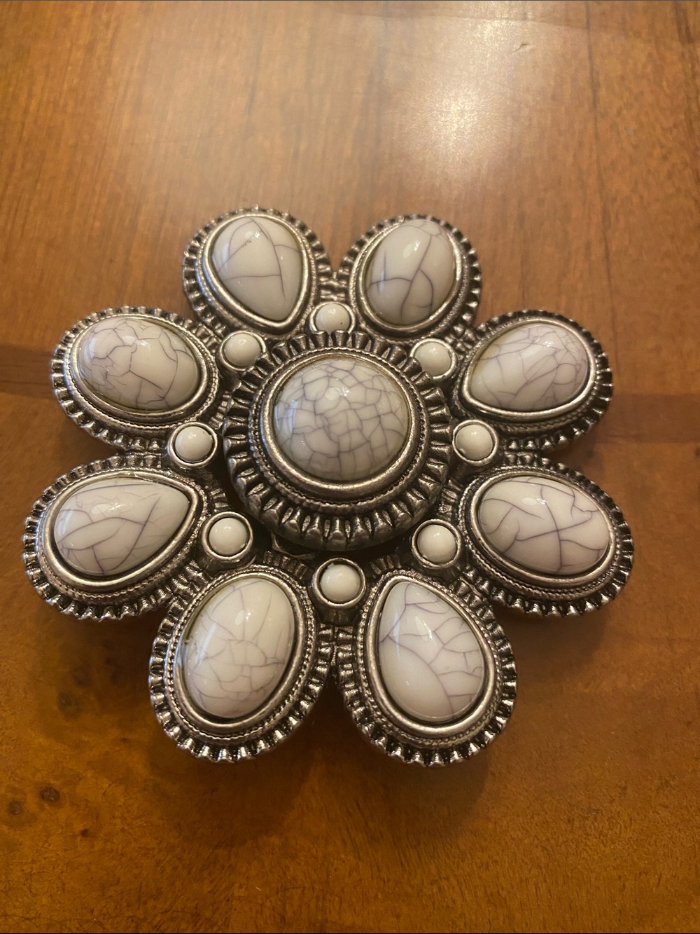 White Crackle Stone Floral Brooch in Silver-Tone Setting